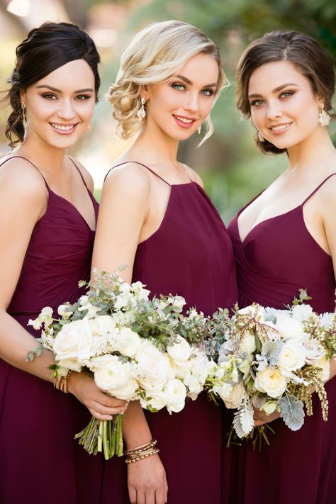 Burgundy bridesmaids dresses for the perfect mix and match bridal party Wine Dress Makeup, Merlot Bridesmaid Dresses, Makeup For Burgundy Dress, Merlot Hair Color, Vestidos Color Vino, Wine Bridesmaid Dresses, Bridesmaids Makeup, Bridesmaid Duties, Wine Dress