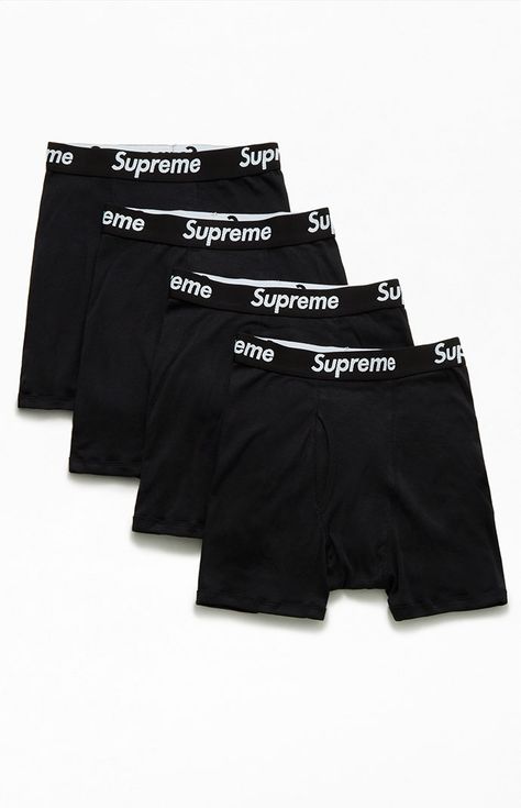 You can rock Supreme from top to bottom with the new Supreme x Hanes 4 Pack Black Boxer Briefs. These tagless boxer briefs are comfortable and have the iconic Supreme branding on the waistband.   	Includes 4 pairs of boxer briefs 	Logo elasticized waistband 	Soft ribbed fabrication 	No hidden fees 	Each resale item has gone through a pre-screening process in conjunction with Miki Guerra of The Mag Park to confirm its authenticity   PS Reserve resale items are final sale and may not be returned, Boxers Aesthetic, Supreme Boxers, Supreme Branding, Girl Boxers, Womens Boxers, Custom Boxers, Masc Outfits, Mens Trends, Boxer Shorts