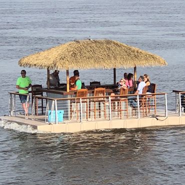 Tiki Bar Pontoon Boat, Tiki Pontoon Boat, Boat Bar Ideas, Tiki Bar Boat, Floating Tiki Bar, Party Pontoon, Tiki Boat, Pontoon Ideas, Small Pontoon Boats