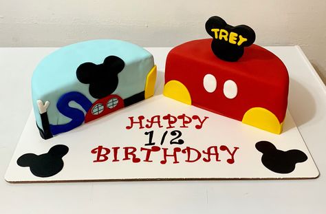 Mickey Mouse! Half Birthday Cake Mickey Mouse Half Birthday Ideas, Half Birthday Mickey Mouse Cake, Mickey Mouse Half Birthday Cake, Half And Half Cake Ideas, Half Birthday Cake For Twins, 6 Months Birthday Cake For Twins, 6 Month Baby Cake Half Birthday Boy, Baby Boy Half Birthday Ideas, Half Birthday Cake Mickey Mouse