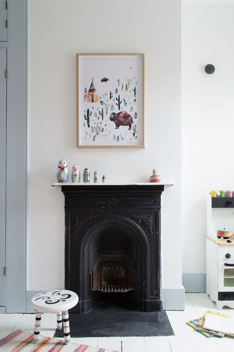 Modern Scandi Kids Room Makeover | original Victorian cast iron fireplace | white painted wooden floorboards | grey-blue woodwork | bunk beds | kids room decor | kids room revamp | shared children's bedrooms Kids Room Makeover, Scandi Kids Room, Kids Bedroom Makeover, Salted Granola, Victorian Bedroom, Iron Fireplace, Victorian Fireplace, Wooden Floorboards, Cast Iron Fireplace