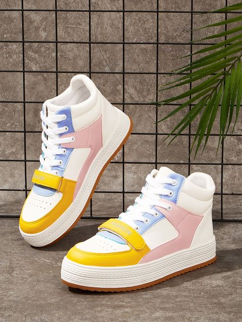 White Preppy Collar   Colorblock Skate Shoes Embellished   Women Shoes Color Block Shoes, Block Shoes, Women Casual Shoes, Anarkali Dress, Skate Shoes, Lace Tops, Anarkali, Puma Sneaker, High Top