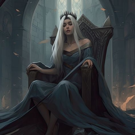 This image portrays a queen sitting on a throne, depicted in a style that is a blend of gothic grandeur, ravencore, and princesscore. The queen has long white hair and a flowing gown. The color palette of the painting is mainly dark shades of gray and blue, with subtle use of shading to create a moody and atmospheric effect. The painting is eerily realistic and has a high-contrast look. It also features some elements of tarot card imagery. The image can be interpreted in different ways, dependin Paintings Of Mirrors, White Hair Dark Skin Art, Throne Painting, Queen Throne, Anime Queen, Card Queen, Dark Green Hair, Flowing Gown, Long White Hair