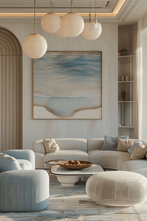 Beach Interior Design Coastal Style Living Rooms, Sea Inspired Interior, Sea Apartment Interior Design, Coastal Design Living Room, Hamptons Interior Design Coastal Style, Mediterranean Living Room Inspiration, Hampton Style Living Room, Coastal Contemporary Living Room, Elegant Beach House