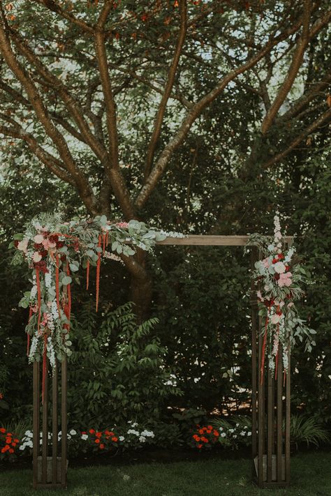 Hanging Amaranthus Wedding Arch, Amaranthus Wedding, Roses And Dahlias, Pnw Garden, Hanging Amaranthus, Elegant Garden Wedding, Wedding Arbor, Fresh Eucalyptus, Elegant Garden