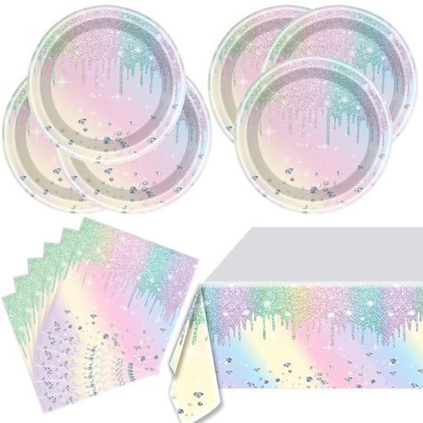 PRICES MAY VARY. 【Iridescent Package Include】Iridescent diamond happy birthday party supplies including 20 x 7 inch Iridescent plates, 20 Iridescent napkins, and 1 Iridescent tablecover, this complete shiny happy Birthday party decoration set can serve 20 people 【Shiny Iridescent Diamon Designs】All people will love shiny iridescent diamond element designs for laser birthday party supplies; The shiny iridescent colors will add a special touch to your party, a well-made decoration for home birthda Iridescent Plates, Diamond Birthday Party, Happy Birthday Party Decoration, Diamond Birthday, Party Serving, Birthday Supplies, Party Packs, Birthday Party Supplies, Pharmacy Gifts