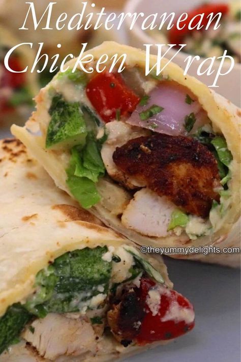 Mediterranean Chicken Wrap - The Yummy Delights Hummus Chicken Wrap, Mediterranean Chicken Wrap, Easy Chicken Wrap, Hummus Chicken, Bbq Chicken Wraps, Pan Chicken Recipes, Hummus Wrap, Chicken Fresh, Chicken Recipes Boneless