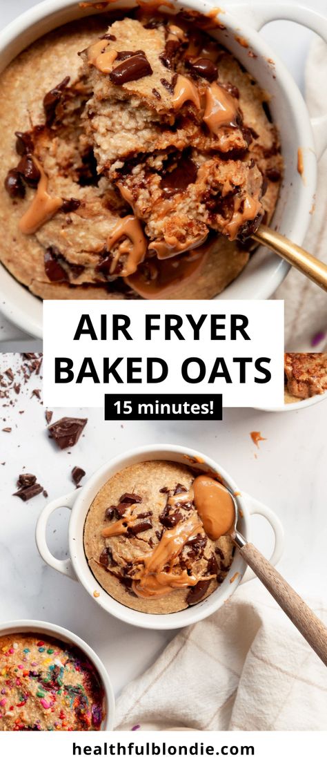 These super fluffy air fryer baked oats are healthy, moist, and taste like a cake. Add chocolate chips, sprinkles, or blueberries for a fun, 15-minute, high-protein breakfast! Air Fryer Protein Bars, Air Fryer Baked Oats, High Protein Baked Oats, Protein Baked Oats, Airfryer Breakfast, 25 Grams Of Protein, Blondie Recipes, Baked Oats Recipe, Low Calorie Baking