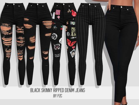 Black jeans with zero distressing, mild distressing, lots of distressing, grey and black stripes, and novelty patches Sims 4 Cc Black Ripped Jeans, Sims 4 Cc Black Jeans, Sims 4 Black Jeans, Black Jeans With Patches, Sims 4 Stacked Jeans, Sims 4 Cc Ripped Jeans Patreon, Ts4 Cc Jeans, Sims 4 Afro Hair, Ripped Black Jeans