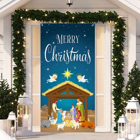 Tiamon Christmas Nativity Scene Door Cover Merry Christmas Door Banner Backdrop Nativity Banner for Front Door Porch Holidays Decorations, 35 x 71 Inch Christmas Door Cover, Door Decorating Contest, Door Porch, Front Door Porch, Christmas Nativity Scene, Door Cover, Religious Christmas, Christian Christmas, Christmas Nativity