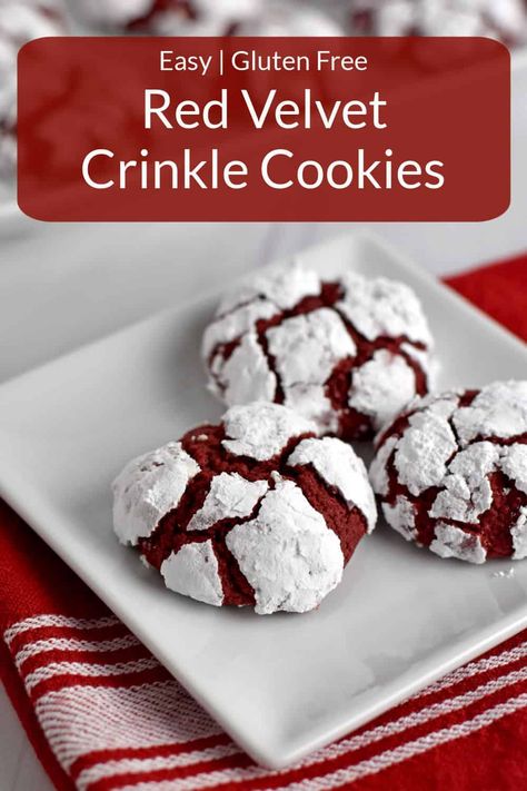 These Gluten Free Red Velvet Crinkle Cookies are soft and tender in the middle and crisp around the edges. They’re great for Valentine’s Day, Christmas, and any time you want to brighten someone’s day. Gluten Free Valentines Day Desserts, Gluten Free Valentines Cookies, Gluten Free Red Velvet, Powdered Sugar Cookies, Red Velvet Crinkles, Red Velvet Cookie Recipe, Red Velvet Crinkle Cookies, Gluten Free Valentines, Best Gluten Free Cookies