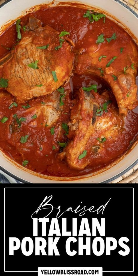 Italian Pork Chops are tender and juicy, braised in a rich and flavorful tomato sauce made with crushed tomatoes and fresh basil. Pork Chop Tomato Sauce, Pork Chops With Tomato Sauce, Sicilian Pork Chops, Pork Chops In Tomato Sauce Recipes, Pork And Tomatoes Recipe, Pork Chops In Sauce, Italian Pork Chops, Leftover Pork Chops, Braised Pork Chops