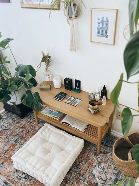 Creating Sacred Space At Home, Cozy Meditation Corner, Zen Den Bedroom, Home Office Zen Room, Meditation Corner In Living Room, Spiritual Alter Aesthetic, Tarot Space Decor, Meditation Spot Ideas, Home Sanctuary Decorating Ideas