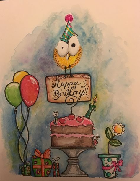 50th Birthday Watercolor Card, Watercolor 40th Birthday Card, 21st Birthday Cards Watercolor, Water Colored Birthday Cards, Funny Birthday Card Drawings, Cute Watercolor Birthday Card Ideas, Watercolor Bday Card Ideas, Whimsical Birthday Cards, Watercolor Paintings Birthday Card