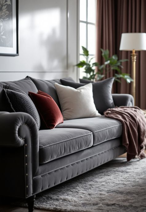 Grey Couch Living Room Granite Sofa Living Room, Dark Grey Velvet Sofa Living Room Ideas, Grey And Burgundy Living Room, Gray Velvet Sofa Living Room, Gray Velvet Sofa, Grey Couch Living Room Ideas, Velvet Couch Living Room, Gray Velvet Couch, Velvet Sofa Living Room