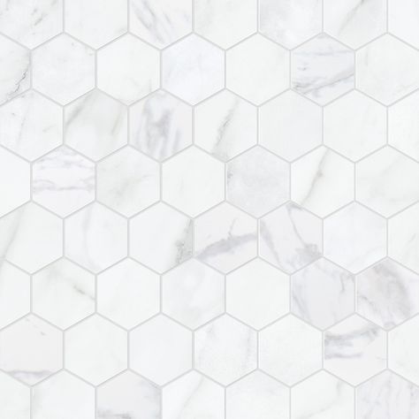 Beautiful marble look porcelain tile is dense, durable and moisture resistant. White and gray color and pattern variations provide a beautiful and natural look. Classic hexagon mosaic pattern with mesh backing for easy installation. Impervious tile is suitable for use in wet rooms, such as bathrooms. For interior floor or wall tile use only. Satori Regent Carrara 12-in x 12-in Matte Porcelain Hexagon Marble Look Floor and Wall Tile | 1001-0295-0 Marble Look Tile Bathroom, Best Shower Floor Tile, Chicago Bathroom, Hexagon Tile Bathroom, Round Bathtub, Hexagon Tile Floor, Patterned Tile, Exterior Tiles, Shower Floor Tile