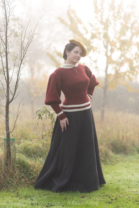 1890s Victorian sport sweater,skirt by Prior Attire, for The Victorian Dressmaker vol2, Edwardian Historybounding, Edwardian Sweater, Skirt With Sweater, Tam O Shanter, Victorian Skirt, Historical Clothes, 1890s Fashion, Historical Dress, Costume Inspo