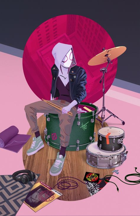 ArtStation - Gwen’s Drums, Humberto Rosa Gwen Stacy Drummer, Spiderman And Gwen, Spiderverse Art, Drums Wallpaper, R6 Wallpaper, Image Spiderman, Hoodie Costume, Spiderman 3, Alt Rock