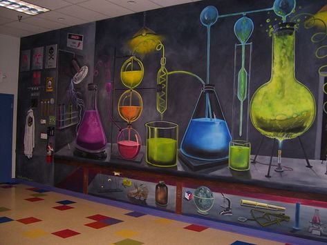 Science Mural, Kids Science Lab, Science Lab Decorations, Middle School Chemistry, Science Room, Elementary Art Rooms, Science Classroom Decorations, Science Labs, Science Decor