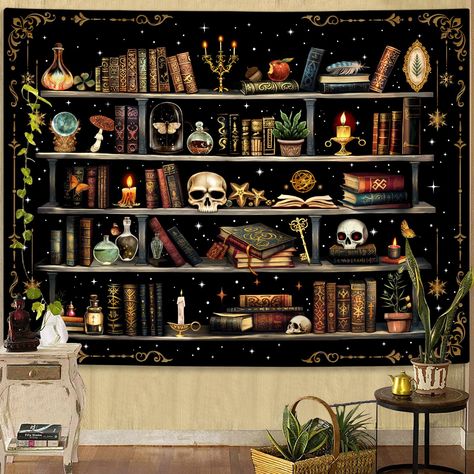 PRICES MAY VARY. Enchanted Bookshelf Design: This tapestry features a magical bookshelf filled with books, candles, and mystical items, creating an enchanting atmosphere in any room. High-Quality Fabric: Made from premium, durable fabric that is soft to the touch, ensuring long-lasting use and easy care. Available in Multiple Sizes: Choose from four different sizes (36" × 48", 44" × 60", 60" × 80", 70" × 90") to perfectly fit your space and decor needs. Versatile Decoration: Ideal for living roo Book Shelf Coloring Page, Classical Study Room, Enchanted Bookshelf, Halloween Bookshelf Decor, Fairy Bookshelf, Magical Bookshelf, Magic Bookshelf, Mystical Items, Halloween Bookshelf