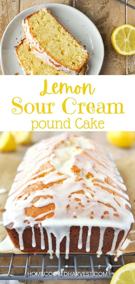 Baked lemon pound cake with a glaze drizzled over the top that is dripping down the front. Some cut slices of pound cake. Lemon Sour Cream Pound Cake, Lemon Treats, Lemon Loaf Cake, Loaf Cake Recipes, Frozen Lemon, Sour Cream Pound Cake, Sour Cream Recipes, Sour Cream Cake, Lemon Loaf