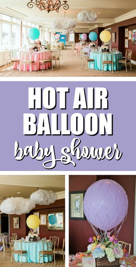 This Hot Air Balloon Baby Shower features an amazing cake, centerpieces, favors, food, decorations and more. It's the perfect gender neutral baby shower. Hot Air Balloon Baby Shower Cake, Balloon Baby Shower Centerpieces, Baby Shower Ballons, Diy Hot Air Balloons, Cake Centerpieces, Hot Air Balloon Decorations, Food Decorations, Baby Shower Crafts