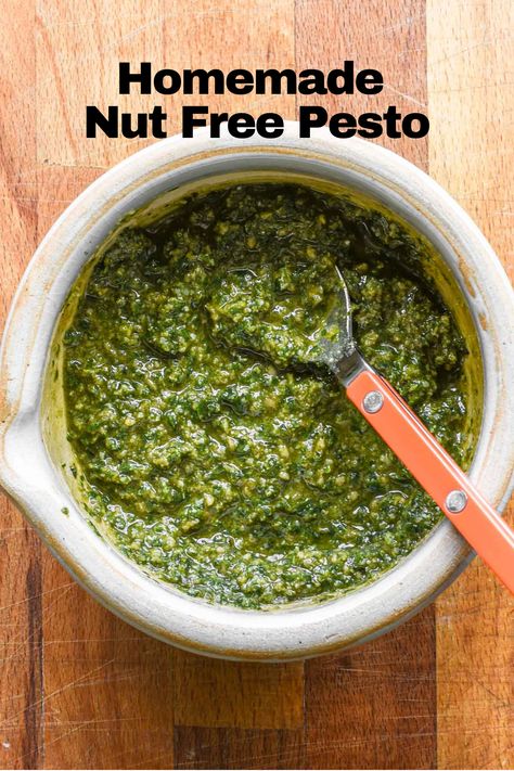 Easy Homemade Nut-Free Pesto Pesto Recipe No Nuts, Nut Free Pesto, Miso Chicken, Basil Pesto Recipes, Orzo Pasta Salad, Pesto Pasta Recipes, How To Make Pesto, Homemade Pesto, Vegan Sauces