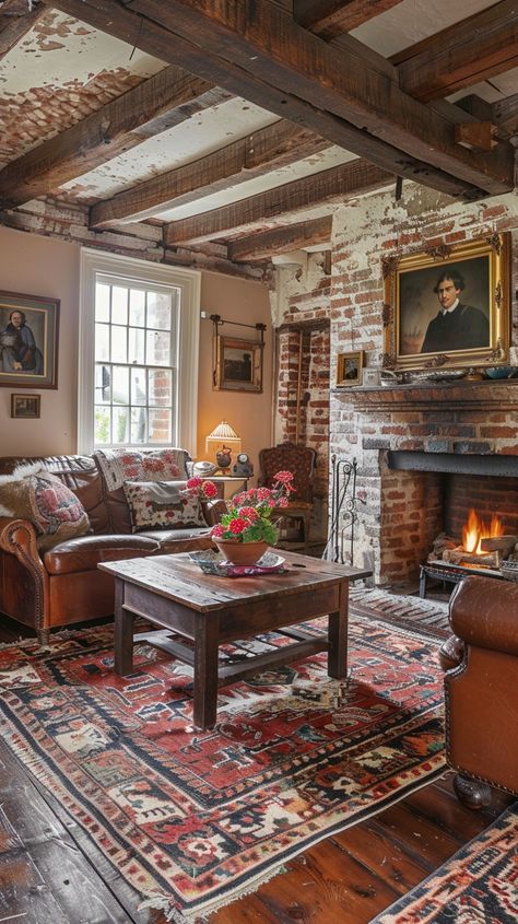 "Cozy #RusticLiving: #RusticDecor living room with #ExposedWoodenBeams, brick #FireplaceDesign, and #TraditionalInteriors under #WarmLighting. #RusticCharm #CozyAtmosphere ⬇️ Download and 📝 Prompt ���👉 https://stockcake.com/i/cozy-rustic-living_947656_488496". Exposed Brick Fireplace Living Room, Rustic Cabin Interior, Cozy Cabin Interior, Cabin Living Room, Rustic Home Interiors, Cozy Living Spaces, Traditional Living, Cabin Living, Cozy Fireplace