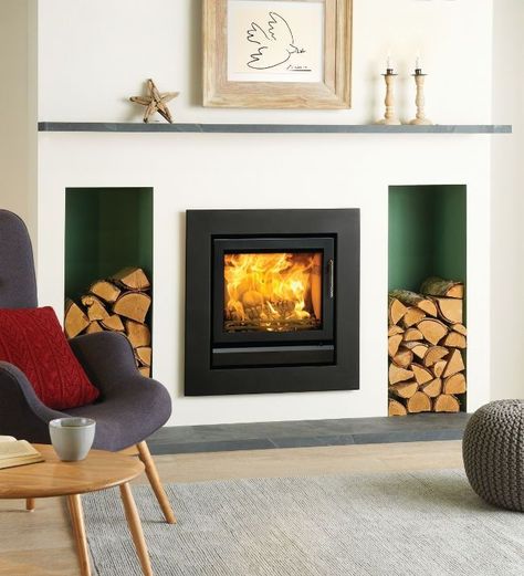 The Riva 50 Inset stove can be fitted as a hole in the wall stove using the 4 sided frame  or on a hearth using the 3 sided frame. With it's heat output of 7kW and energy efficiency of upto 83% this stove is as functional as it is asthetically stunning. This stove is DEFRA approved for use in smoke controlled zones as long as the smoke control kit is installed. Heat output of 7kW Energy efficiency of upto 83% DEFRA Approved for use in smoke controlled zones   Stovax Limited and Gazco Limited Sa Inset Log Burners, Contemporary Fireplace Decor, Fireplace Modern Design, Contemporary Fireplace Designs, Wood Burning Fireplace Inserts, Brick Feature Wall, Inset Fireplace, Fireplace Modern, Modern Design Ideas