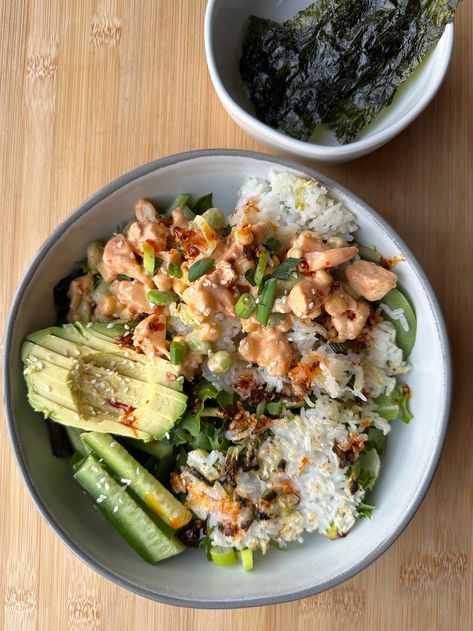 'Spicy Shrimp Crispy Rice' Bowl Crispy Rice With Spicy Shrimp Salad, Shrimp Rice Bowl, Boom Boom Shrimp, Spicy Shrimp Salad, Crispy Rice Salad, Sushi Grade Tuna, Shrimp Rice, Poke Bowls, Shrimp And Rice