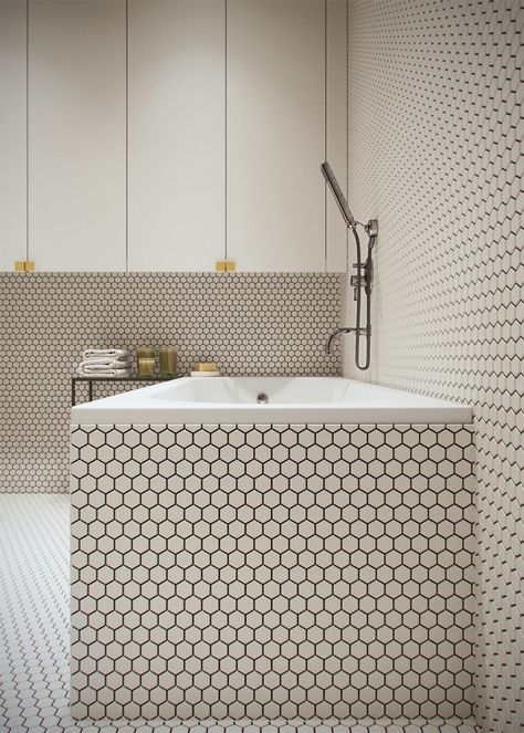 This refined two-bedroom apartment is the work of design team Vishnyakov & Pokrovsky. Titled "Honey White", its bright interior remains minimalist but sweetly w Bathroom Design Small Modern, Luxury Bathroom Master Baths, Best Bathtubs, Bathtub Tile, Apartment Bathroom, Trendy Bathroom, Hexagon Tiles, Dream Bathroom, Decor Minimalist