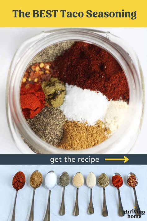 I've been making this homemade taco seasoning recipe for years and have perfected it. Use this easy and delicious taco mix for all your Mexican-inspired meals! It's enough to season 1 pound of ground beef, turkey, or chicken. Find this recipe on Thriving Home. Best Homemade Taco Seasoning, Homemade Taco Seasoning Mix, Thriving Home, Homemade Taco Seasoning Recipe, Taco Mix, Recipe Hacks, Taco Seasoning Recipe, Seasoning Recipe, Cooking Hacks