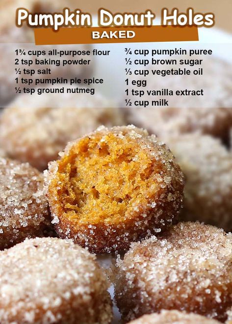 Donut Pumpkin, Pumpkin Donut Holes, Pumpkin Donut, Baked Donut, Doughnut Holes, Pumpkin Recipes Dessert, Donut Holes, Fall Breakfast, Baked Donuts