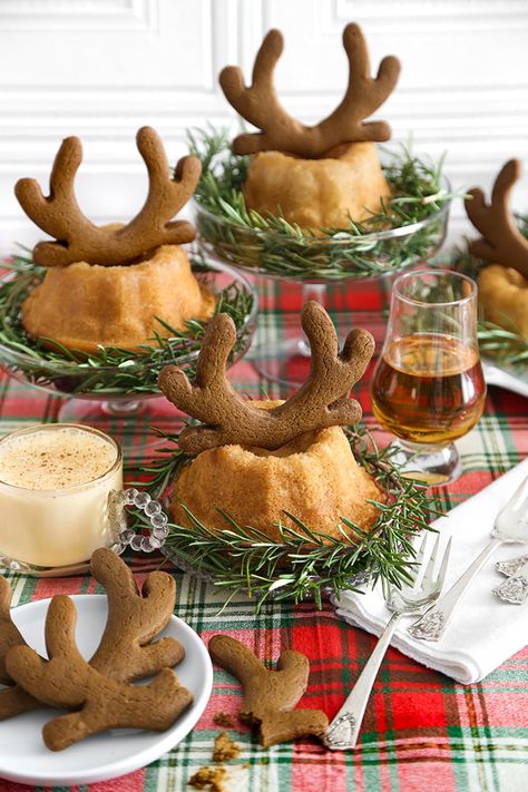 Mini Eggnog Bundt Cakes with Gingerbread Cookie Antlers - Sprinkle Bakes Antler Cookies, Mini Muffin Tin Recipes, Winter Baking Recipes, Rum Syrup, Christmas Bundt Cake, Gingerbread Cookie Dough, Gingerbread Dough, Winter Baking, Mini Bundt