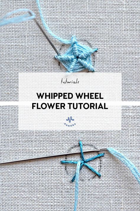 whipped wheel rose - flower embroidery tutorial Flower Embroidery Easy, Spider Web Embroidery, Flower Embroidery Tutorial, Web Embroidery, Embroidery Stitches Flowers, Round Flowers, Modern Hand Embroidery Patterns, Modern Hand Embroidery, French Knot Embroidery