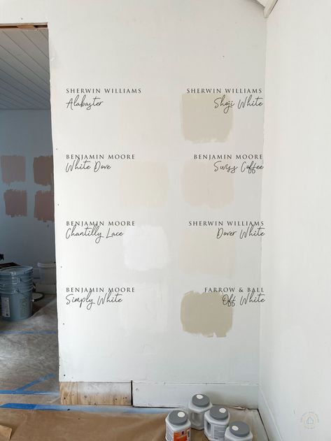 We Sampled 8 Popular White Paint Colors, Here are Our Favorites... — The Grit and Polish Paint Colors For White Bedroom Furniture, White Paint Samples On Wall, Dark White Paint Colors, Wherein Williams White Paint, The Best Cream Paint Colors, White Paint For Basement Walls, Dover White Living Room Walls, Popular White Paint Colors For Walls Sherwin Williams, Cottage White Paint Color