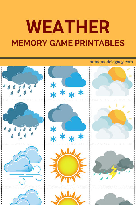 Weather memory game is a great way for children to learn about the weather.  All you have to do is download and print on an A4 paper. Each symbol is cut out and placed face down randomly. Children then have to flip the symbol to find the matching two.  #memorygame #weatheractivity #printables Memory Games Printable, Weather Matching Game Free Printable, Weather Games For Kids, Weather Games, Activity Sheets For Kids, Executive Functioning Skills, Games For Boys, Domino Games, Memory Games For Kids