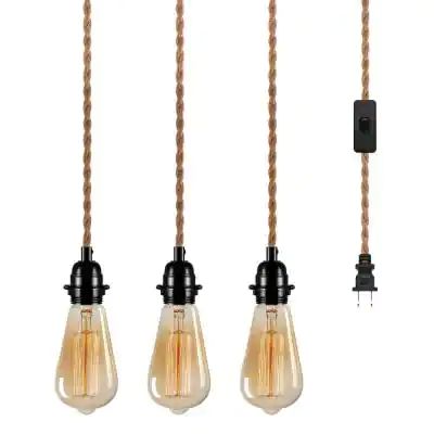 3-Light Golden Vintage Edison Plug-In Mini Pendant with Hemp Rope and Black Socket Industrial Homes, Pendant Light Kit, Plug In Pendant Light, Lamp Cord, Retro Lamp, Geometric Chandelier, Mini Pendant Lights, Hemp Rope, Gold Chandelier