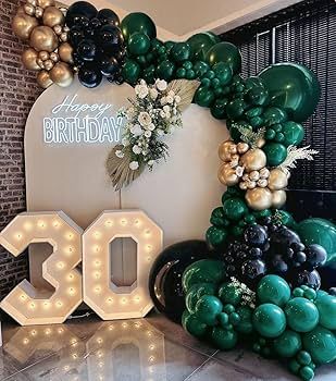 Emerald Green And Black Decor, Dark Green Balloon Arch, Emerald Green And Gold Birthday Party Decorations, Emerald Green Birthday, Gold Balloon Arch, Moms 60th, Emerald Anniversary, Birthday Christmas Party, 60th Bday