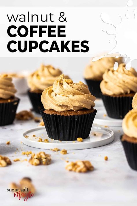 These coffee and walnut cupcakes are a classic cake in miniature form. With the most creamy coffee buttercream frosting, these are the perfect afternoon pick me up. #sugarsaltmagic #cupcakes #coffeerecipes #coffeecupcakes Coffee And Walnut Cupcakes, Coffee Buttercream Frosting, Walnut Cupcakes, Easy Vanilla Cupcakes, Chocolate Covered Coffee Beans, Coffee Buttercream, Coffee Cupcakes, Creamy Coffee, Homemade Cupcakes