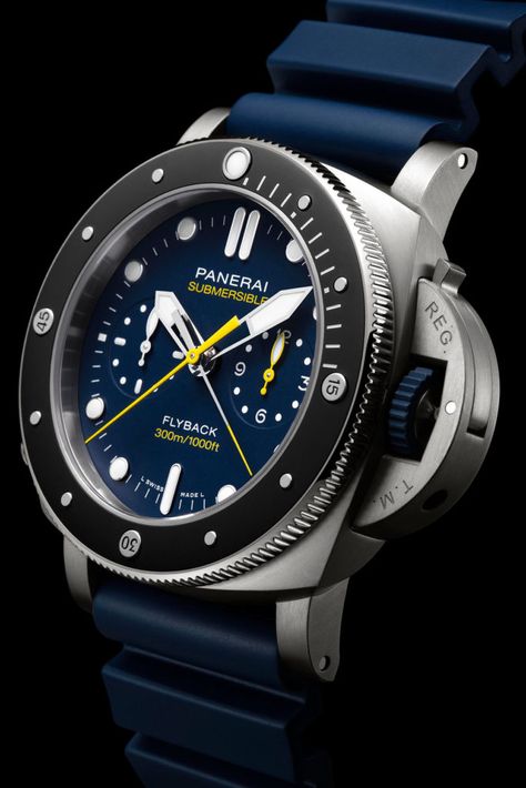 Panerai Submersible Chrono Flyback Mike Horn Edition - the watch uses lightweight brushed titanium for its 47-mm case. Lux Watches, Panerai Submersible, Panerai Luminor Submersible, Tactical Watch, Stylish Watches Men, Swiss Luxury, Panerai Watches, Timex Watches, Panerai Luminor