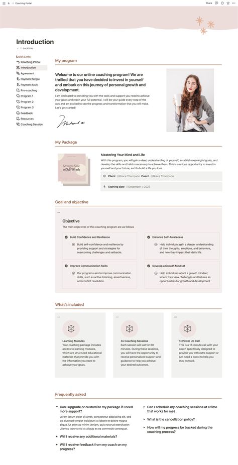 notion template ideas personal Notion Beginner, Notion Templets, Client Onboarding Checklist, Notion Client Portal, Intuitive Coaching, Notion Layout, Online Course Template, Notion Tips, Study Planner Free