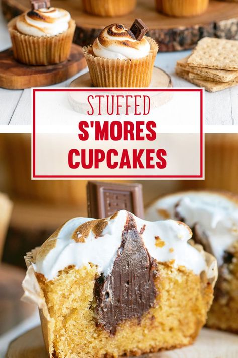 Stuffed S'mores #Cupcakes #Recipe with Toasted Marshmallow Frosting #Smores Smores Cupcake Recipe, Easy Smores, S Mores Cupcakes, Marshmallow Recipe, Valentines Recipes Desserts, Smores Cupcakes, Coconut Dessert, Marshmallow Frosting, Low Carb Cheesecake