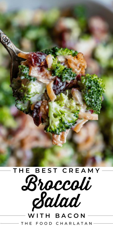 Easy Broccoli Bacon Salad from The Food Charlatan. Everyone needs a recipe for the best Broccoli Salad! This one is stuffed with bacon, cranberry, cheese, sunflower seeds, and tangy homemade dressing. It is easy to make and is a huge crowd pleaser. The perfect side dish to bring to your summer barbecue, or even to serve at Thanksgiving! Crisp-tender broccoli, salty bacon, chewy and tangy dried cranberries, and more smothered in a creamy dressing. Bacon broccoli salad is so fresh and so good!