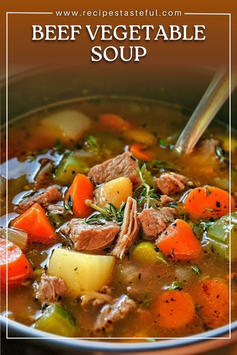 This hearty Beef Vegetable Soup is packed with tender chuck roast, vibrant vegetables, and rich flavors that warm the soul. Perfect for a cozy dinner, this soup is not only comforting but also nutritious, making it a great choice for family meals. Easy to prepare and incredibly satisfying, it’s a recipe you'll want to make time and again! Chuck Roast Vegetable Beef Soup, Brisket Vegetable Soup, Best Ever Vegetable Beef Soup, Steak And Vegetable Soup, Shredded Beef Vegetable Soup, Beef Broth Vegetable Soup Recipes, Chuck Roast Vegetable Soup, Beef Stock Soup Ideas, Vegetable Soup With Leftover Roast