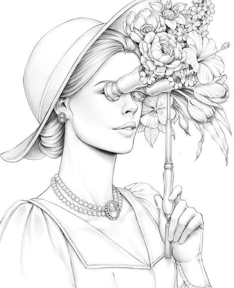 Adult Coloring Designs, Face Sketch, Fairytale Illustration, Adult Coloring Book Pages, Grayscale Coloring, Cute Easy Drawings, Coloring Book Art, Cute Coloring Pages, Green Art