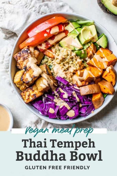 A super flavorful and seriously satisfying vegan Thai Tempeh Buddha Bowl, packed full with nutritious foods like tempeh, sweet potatoes and avocado. Drizzled with a simple cashew curry sauce. This meal comes together in just 30 minutes, plus it has 20 grams of plant-based protein and 16 grams of fiber! Easy, healthy, and perfect for meal prep. This one is always a big hit! The cashew curry sauce can be used in so many ways too! #veganrecipe #glutenfree #easydinner #mealprep #buddhabowl Potatoes And Avocado, Buddha Bowl Vegan, How To Cook Tempeh, Cashew Curry, Superfood Bowl, Clean Dinner Recipes, Power Bowl Recipe, Clean Dinner, 20 Grams Of Protein