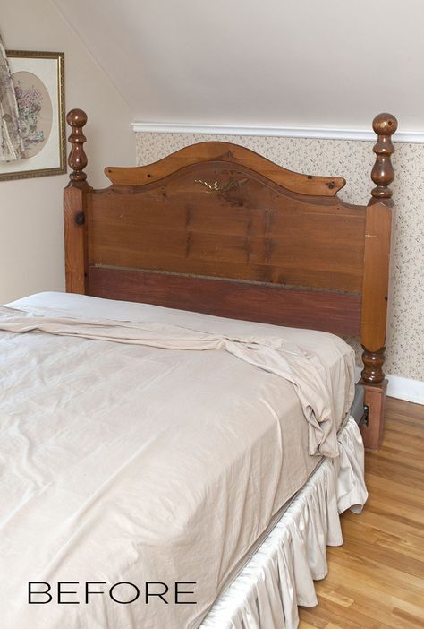 How to raise Headboard Salvaged Pine Headboard - Before Pine Headboard Ideas, Refinish Wood Headboard, Refinished Headboard Wood, Painted Pine Bed, Painting Headboard Ideas, Wood Headboard Makeover, Painted Headboard Ideas, Headboard Makeover Diy, Painting Headboard