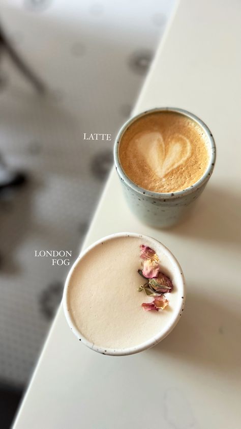 London fog and cute latte cupes London Fog Latte, Fog Aesthetic, London Fog Tea Latte, London Fog Tea, Latte Aesthetic, Lavender Syrup, Grey Tea, Steeped Tea, Tea Latte