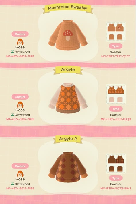 Animal Crossing Farm Clothes, Animal Crossing Sweater Pattern, Acnh Mushroom Clothes, Acnh Sweater Code, Acnh Clothes Pattern Grid Sweater, Animal Crossing Sweater Design Grid, Animal Crossing Sweater Design, Animal Crossing Patterns Clothes, Animal Crossing Sweater